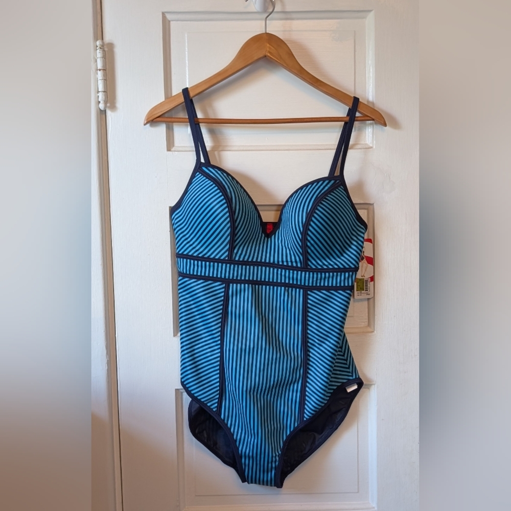 SPANX Navy Splash Thin Stripe One Piece Sz 14